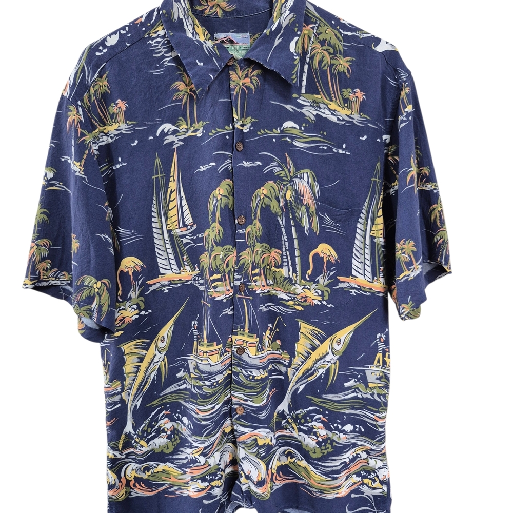Reyn Spooner Navy Tropical Print Hawaiian Shirt, Large